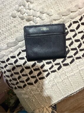 Fossil Black Leather Card Holder with Gold Logo